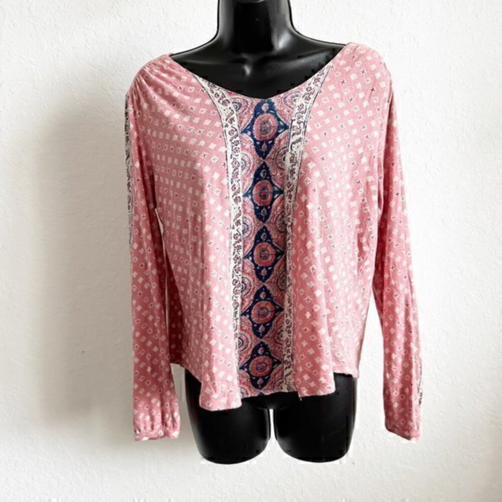 Lucky Brand‎ Linen Boho Printed Peasant Blouse Top Pink Size Small
